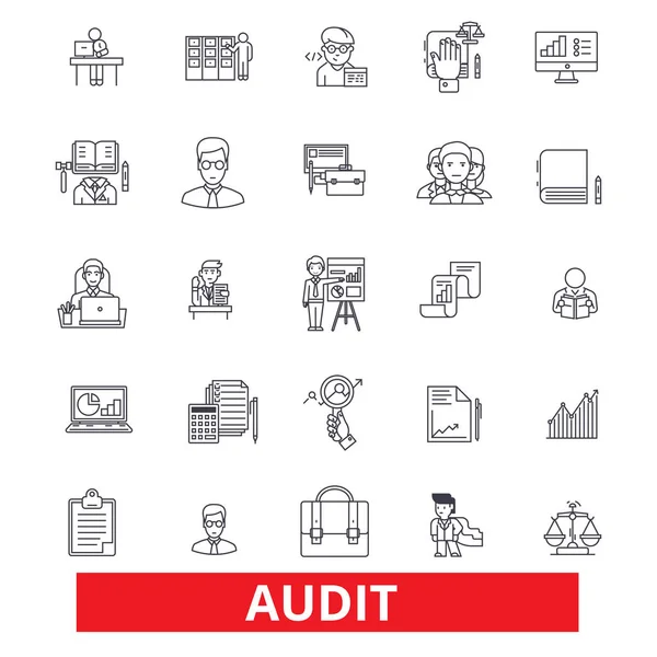 Audit, review, accounting, compliance, finance, analysis, numbers, check, tax line icons. Editable strokes. Flat design vector illustration symbol concept. Linear signs isolated on white background — Stock Vector
