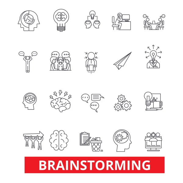 Brainstorming, Erstellen, Idee, Denken, Kreation, Innovation, Liniensymbole erfinden. editierbare Striche. flache Design Vektor Illustration Symbolkonzept. lineare Zeichen isoliert auf weißem Hintergrund — Stockvektor