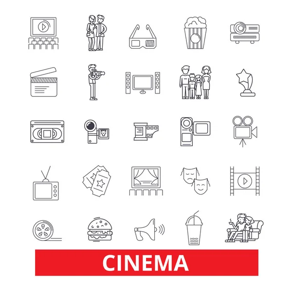 Bioscoop, film, film, theater, entertainment, cinematografie, industrie, festival lijn pictogrammen. Bewerkbare lijnen. Platte vector illustratie symbool ontwerpconcept. Lineaire tekenen geïsoleerd op witte achtergrond — Stockvector