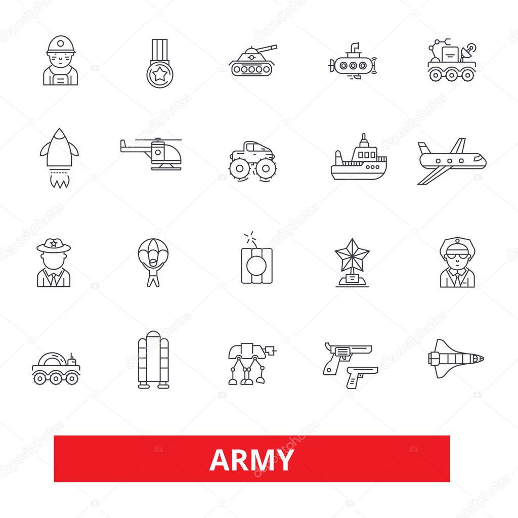 Army, military, soldier, navy, war, marine, camouflage, action, forces line icons. Editable strokes. Flat design vector illustration symbol concept. Linear signs isolated on white background