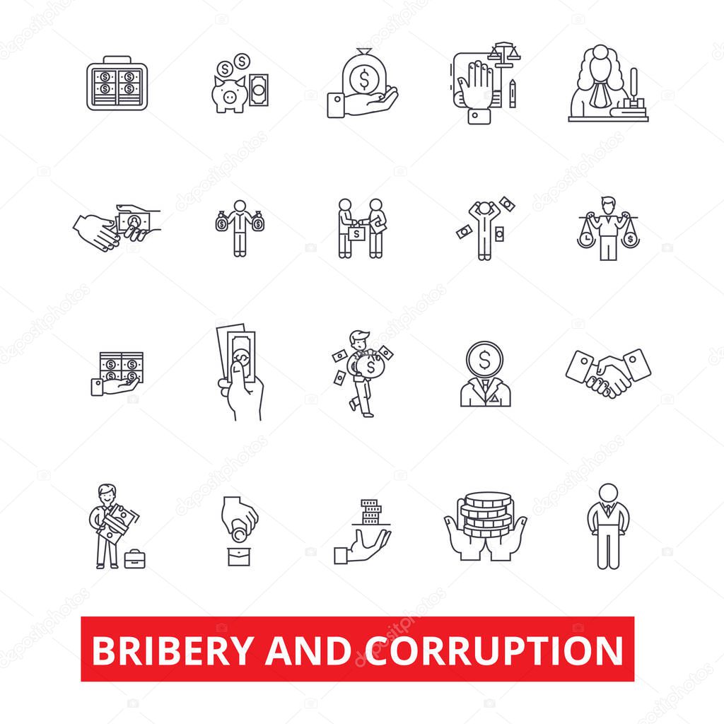 Bribery, corruption, anti-bribery, law, fraud, conflict of interest, money line icons. Editable strokes. Flat design vector illustration symbol concept. Linear signs isolated on white background