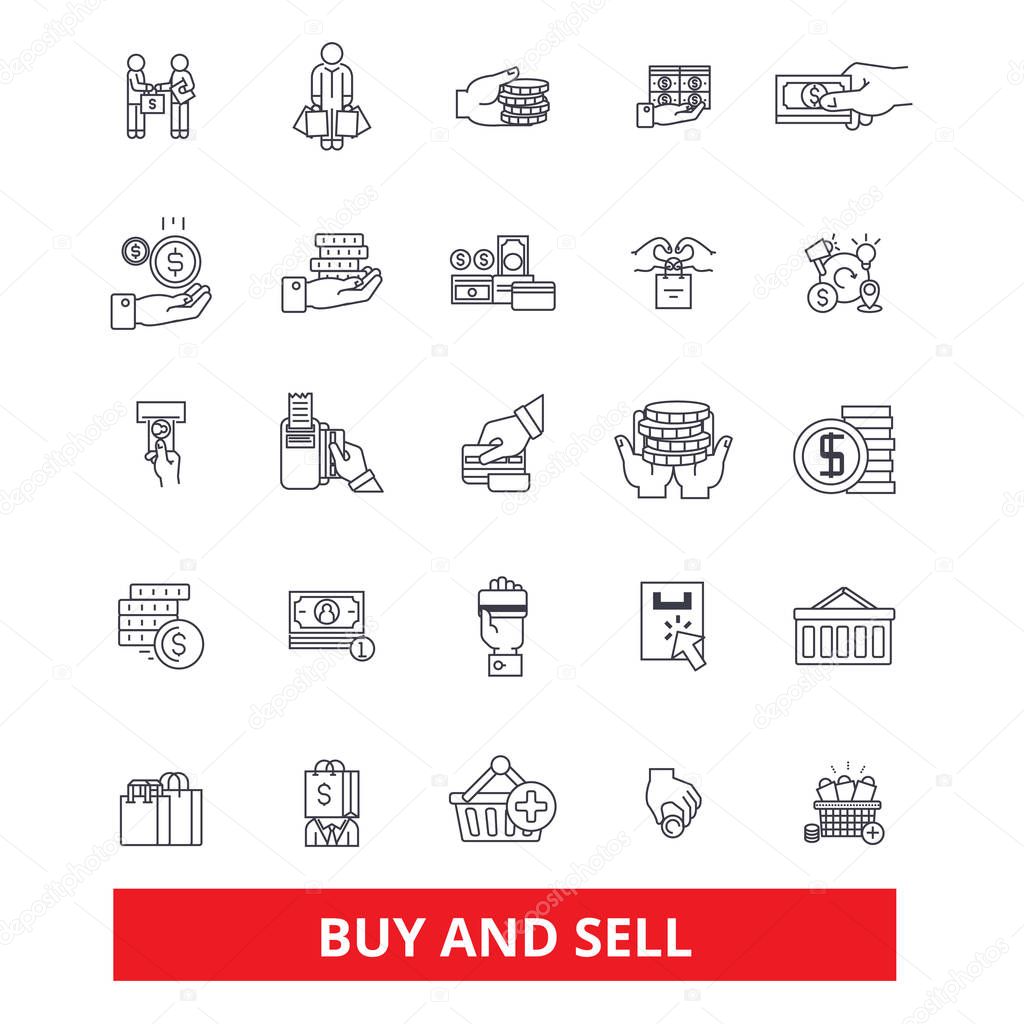 Buy and sell, business, shop, commerce, shopping, selling, marketing, commerce line icons. Editable strokes. Flat design vector illustration symbol concept. Linear signs isolated on white background