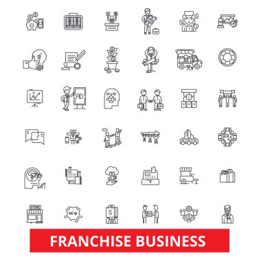 Franchise, ağ, fırsat, küçük işletme, ortaklık, iş, marka satır simgeler. Düzenlenebilir vuruş. Düz tasarım vektör çizim sembolü konsepti. Beyaz arka plan üzerinde izole lineer işaretler