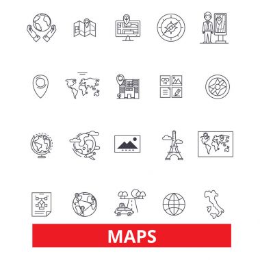 Haritalar, Küre, Pusula, düzeni, plan, atlas, diyagram, resim, projeksiyon, yazdırma satırı simgeler. Düzenlenebilir vuruş. Düz tasarım vektör çizim sembolü konsepti. Lineer işaretler üzerinde arka izole