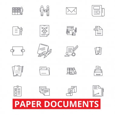 Kağıt belgeleri, arşiv, evrak, form, faturaları, rapor, uygulama satır simgeler. Düzenlenebilir vuruş. Düz tasarım vektör çizim sembolü konsepti. Beyaz arka plan üzerinde izole lineer işaretler