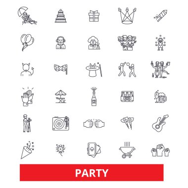 Parti, kutlama, tatil, disko, olay, festival, yıldönümü, doğum günü, Noel çizgi simgeler. Düzenlenebilir vuruş. Düz tasarım vektör çizim sembolü konsepti. Beyaz arka plan üzerinde izole lineer işaretler