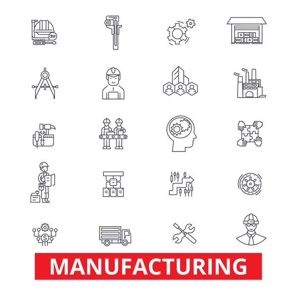 Manufacturing, production, factory, plant, industry, assembling, composition line icons. Editable strokes. Flat design vector illustration symbol concept. Linear signs isolated on white background — Stock Vector