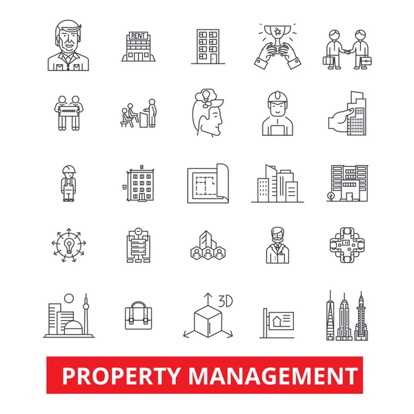 Property management, maintenance, real estate, landlord, rent line icons. Editable strokes. Flat design vector illustration symbol concept. Linear signs isolated on white background — Stock Vector