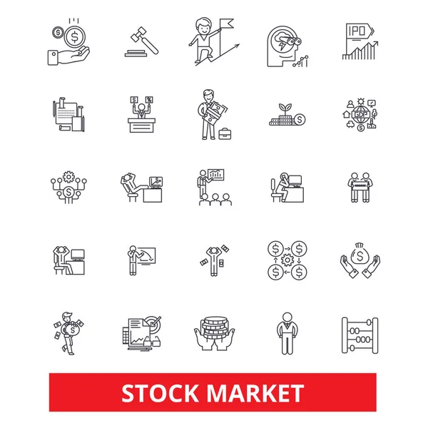 Börse, Wall Street, Börse, Investitionen, Finanzen, Handel, Broker Line Symbole. editierbare Striche. flache Design Vektor Illustration Symbolkonzept. lineare Zeichen isoliert auf weißem Hintergrund — Stockvektor