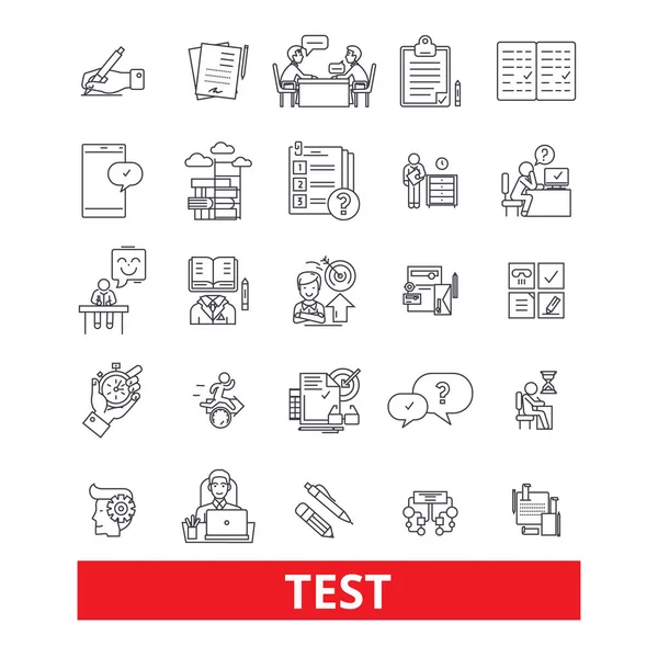 Test, Prüfung, Prüfung, Quiz, Bewertung, Bewertung, Checkzeilensymbole. editierbare Striche. flache Design Vektor Illustration Symbolkonzept. lineare Zeichen isoliert auf weißem Hintergrund — Stockvektor