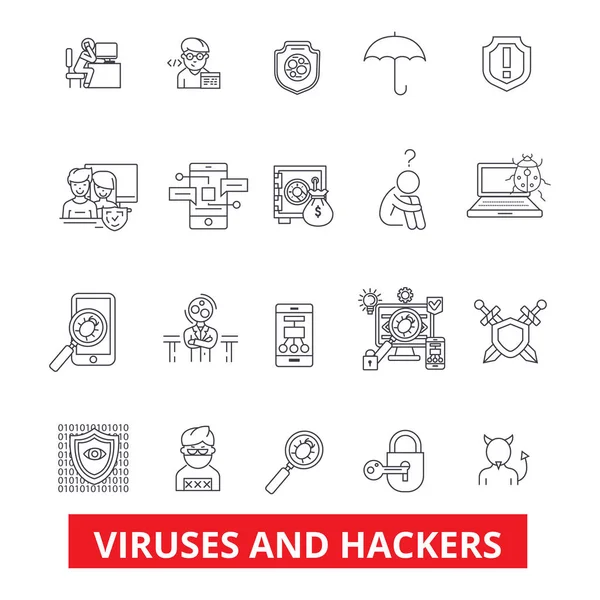 Viry a hackery. hacking, bezpečnost, počítačová kriminalita, malware, spyware řádek ikon. Upravitelné tahy. Plochý design vektorové ilustrace symbolu koncept. Lineární značení izolovaných na bílém pozadí — Stockový vektor