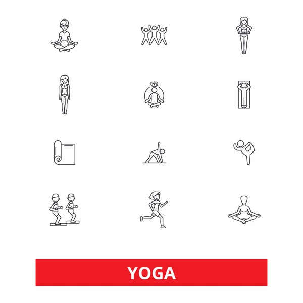 Yoga, méditation, remise en forme, poses, exercice, zen, gymnase, spa, icônes de la ligne de relaxation. Coups modifiables. Conception plate vectoriel illustration symbole concept. Signes linéaires isolés sur fond blanc — Image vectorielle