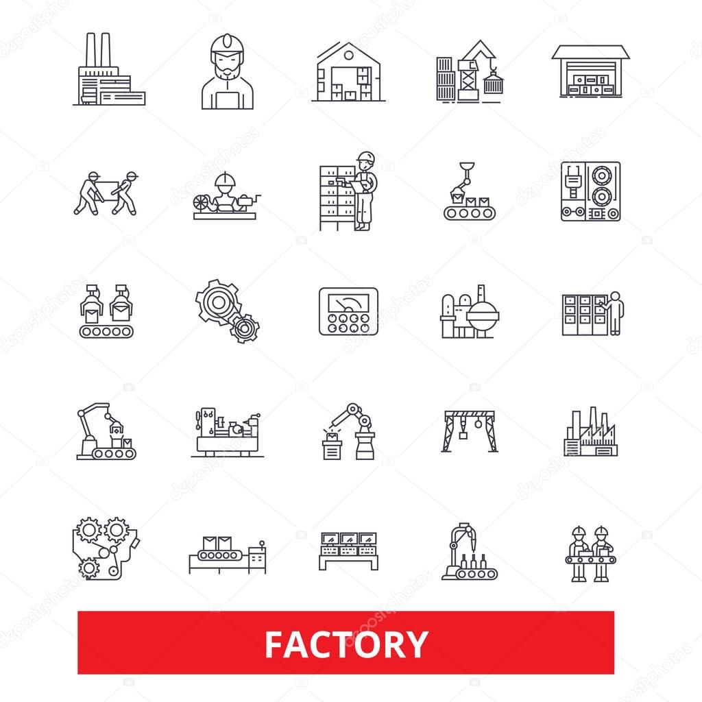 Factory, warehouse, facility, workshop, plant, production, manufacturing, site line icons. Editable strokes. Flat design vector illustration symbol concept. Linear signs isolated on white background