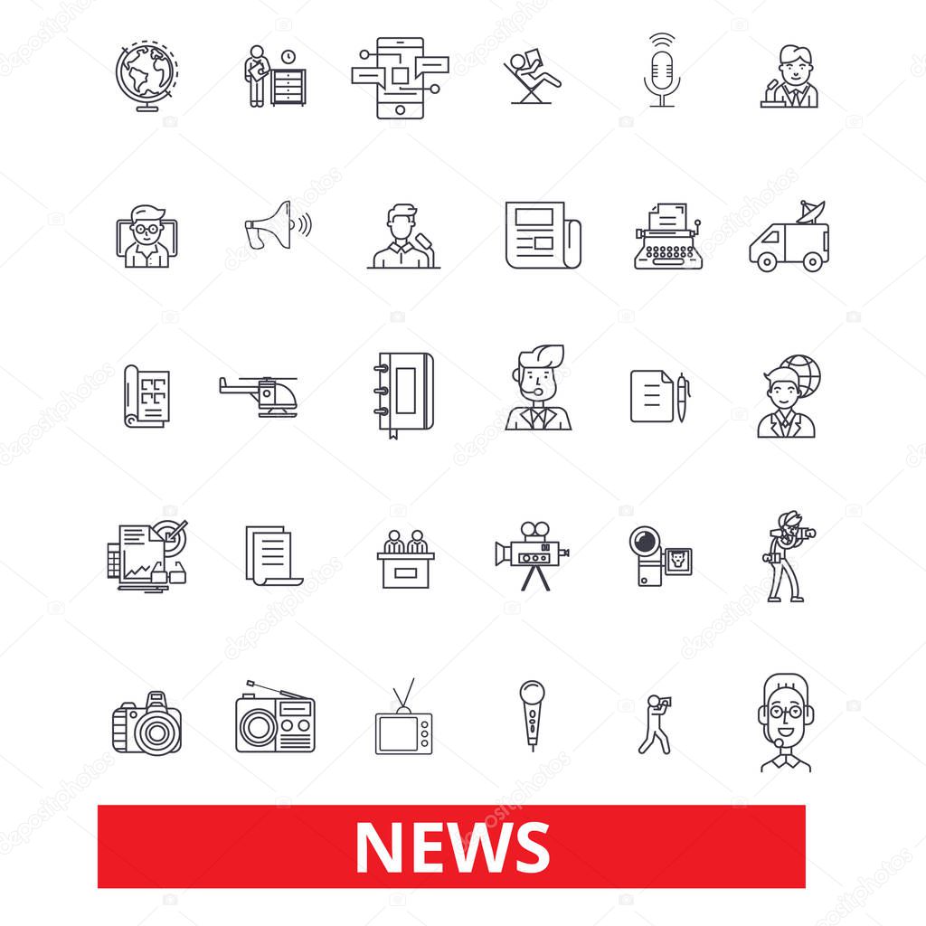 News,events,facts, data,report,comments,communication, discovery, report, story line icons. Editable strokes. Flat design vector illustration symbol concept. Linear signs isolated on white background