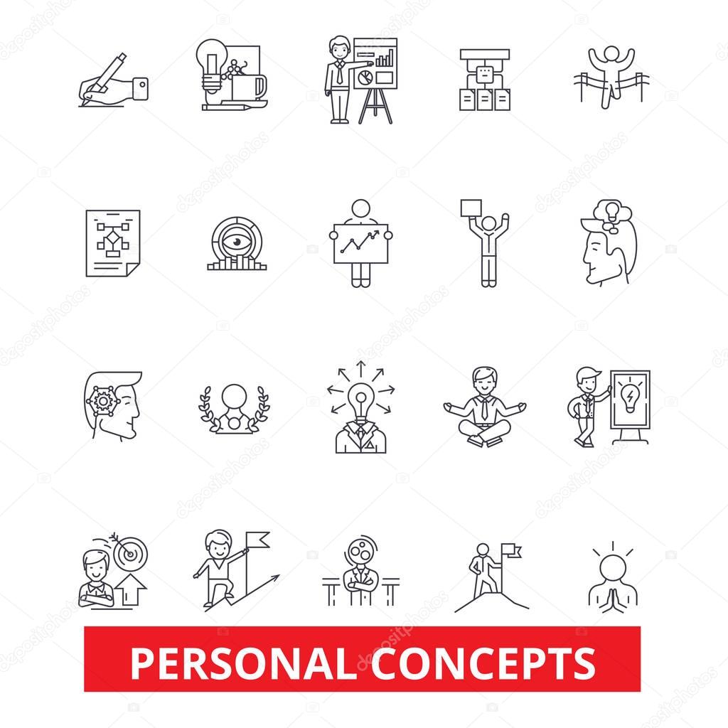 Personal concept, management, success, growth, motivation, control, leadership line icons. Editable strokes. Flat design vector illustration symbol concept. Linear signs isolated on white background