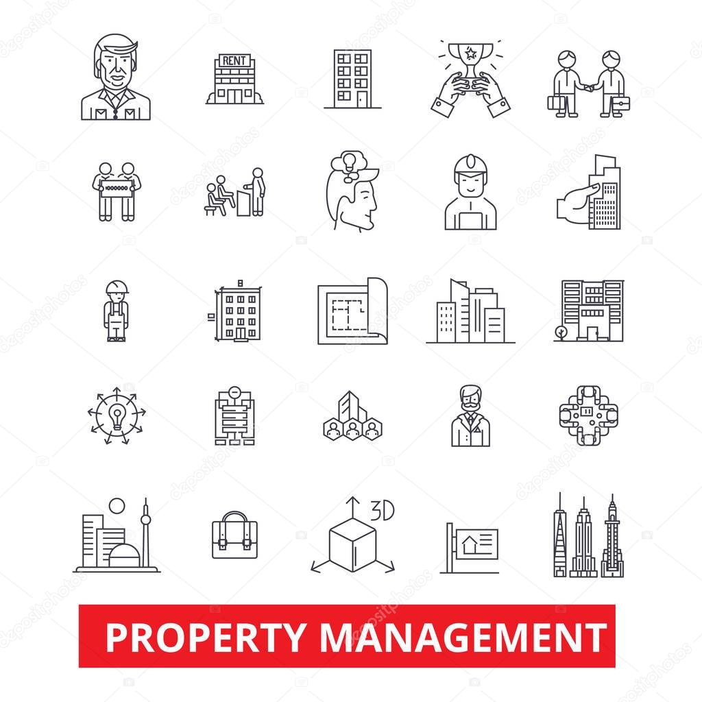 Property management, maintenance, real estate, landlord, rent line icons. Editable strokes. Flat design vector illustration symbol concept. Linear signs isolated on white background