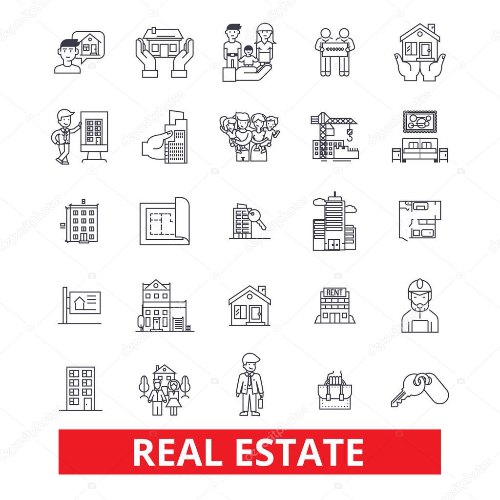 Real estate, land, lot, house, property, construction, realtor, building, realty line icons. Editable strokes. Flat design vector illustration symbol concept. Linear signs isolated on white background