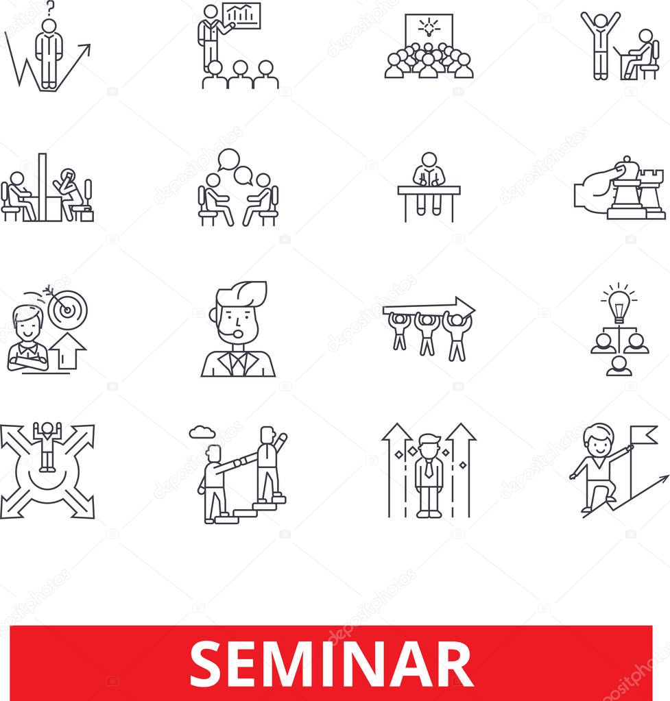 Conference, workshop, presentation, meeting, discussion, lecture, conversation line icons. Editable strokes. Flat design vector illustration symbol concept. Linear signs isolated on white background