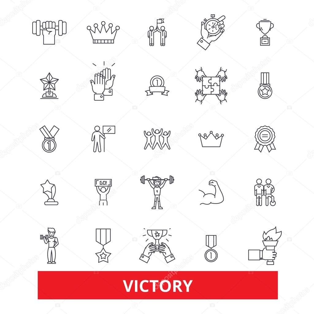 Victory, champion, win, winner, success, triumph, achievement, accomplishment line icons. Editable strokes. Flat design vector illustration symbol concept. Linear signs isolated on white background