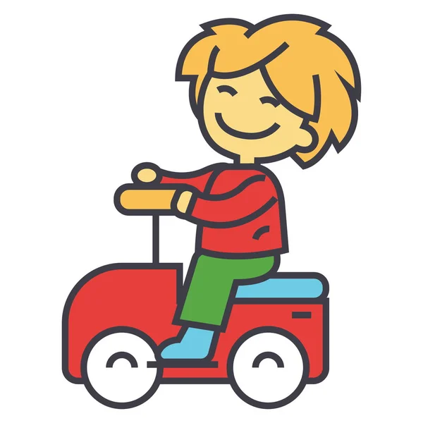 Kid driving big toy car and having fun outdoors concept. Line vector icon. Editable stroke. Flat linear illustration isolated on white background — Stock Vector