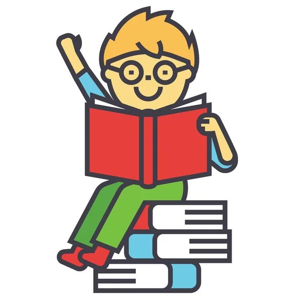 Smiling kid sitting on pile of books reading opened textbook concept. Line vector icon. Editable stroke. Flat linear illustration isolated on white background — Stock Vector