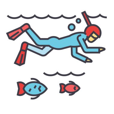 Balık, tüplü dalış, şnorkel kavramı ile denizde dalış. Satırı vektör simgesi. Düzenlenebilir inme. Düz doğrusal illüstrasyon izole beyaz arka plan üzerinde