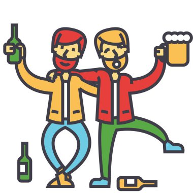 Erkek alkolizm, sarhoş insanlar, sarhoş parti, erkekler alchocol kavramı içme. Satırı vektör simgesi. Düzenlenebilir inme. Düz doğrusal illüstrasyon izole beyaz arka plan üzerinde