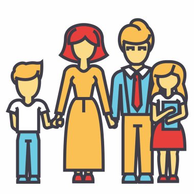 Mutlu aile - evlat, anne, baba, kızı kavramı. Satırı vektör simgesi. Düzenlenebilir inme. Düz doğrusal illüstrasyon izole beyaz arka plan üzerinde