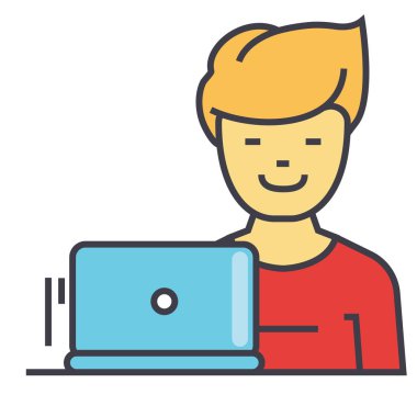Serbest meslek, laptop, programcı, web geliştirici kavramı işte. Satırı vektör simgesi. Düzenlenebilir inme. Düz doğrusal illüstrasyon izole beyaz arka plan üzerinde
