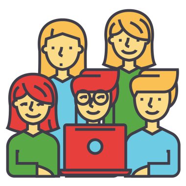 Ekibimiz, seyir defter, işadamları, dijital coworking, ekip çalışması kavramı arkadaşlar. Satırı vektör simgesi. Düzenlenebilir inme. Düz doğrusal illüstrasyon izole beyaz arka plan üzerinde