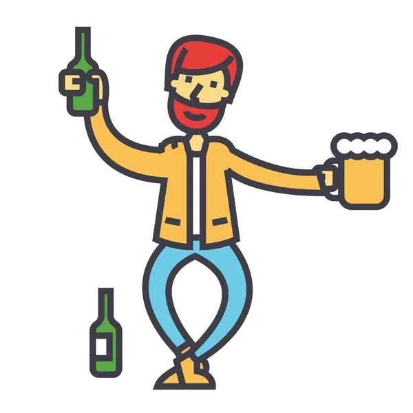 Μεθυσμένος άντρας, αλκοολικός, αλκοολισμός έννοια. Γραμμή εικονίδιο του φορέα. Επεξεργάσιμη εγκεφαλικό επεισόδιο. Επίπεδη γραμμική απεικόνιση που απομονώνονται σε λευκό φόντο — Διανυσματικό Αρχείο