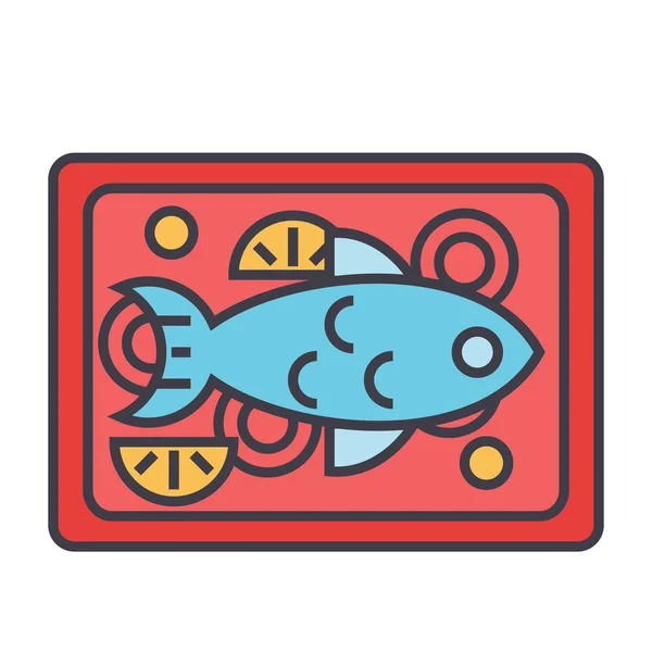 Pescado concepto de plato restaurante. Icono de vector de línea. Un derrame cerebral. Ilustración lineal plana aislada sobre fondo blanco — Vector de stock