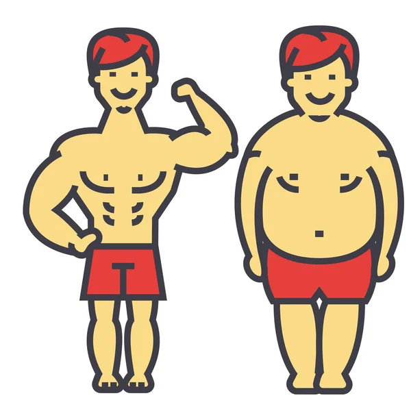 Парень теряет вес, толстый парень, до и после диеты и фитнеса, стройный молодой человек, мужчина теряет вес, концепция. Значок вектора строки. Редактируемый удар. Плоская линейная иллюстрация на белом фоне — стоковый вектор