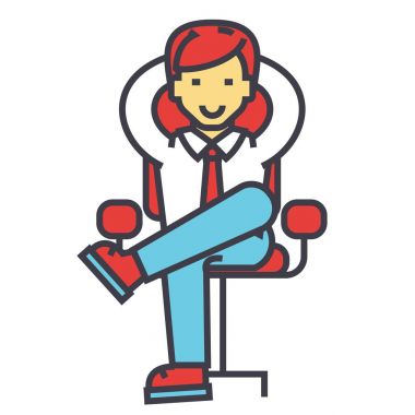 Genç işadamı rahatlatıcı, patron, başarılı Yöneticisi oturur, ceo ofis, iş sandalye kavramı. Satırı vektör simgesi. Düzenlenebilir inme. Düz doğrusal illüstrasyon izole beyaz arka plan üzerinde