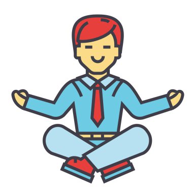 Oturma yoga poz, iş meditasyon, şirket ofisi işçi gevşeme kavramı iş adamı. Satırı vektör simgesi. Düzenlenebilir inme. Düz doğrusal illüstrasyon izole beyaz arka plan üzerinde