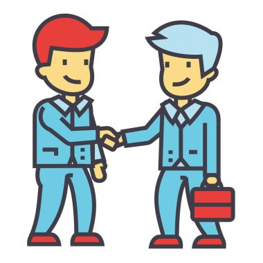 İşadamları el sıkışma, iş ortaklığı, Danışma toplantısı, iyi bir anlaşma kavramı. Satırı vektör simgesi. Düzenlenebilir inme. Düz doğrusal illüstrasyon izole beyaz arka plan üzerinde