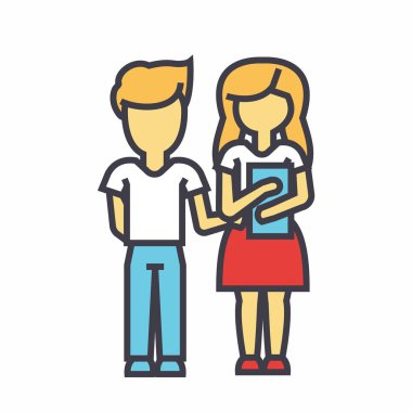 Çocuklar, okul öğrencileri, erkek ve kız kitap kavramı ile öğretim. Satırı vektör simgesi. Düzenlenebilir inme. Düz doğrusal illüstrasyon izole beyaz arka plan üzerinde