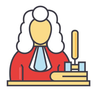 Yargıç, tokmak, adalet, hukuk kavramı. Satırı vektör simgesi. Düzenlenebilir inme. Düz doğrusal illüstrasyon izole beyaz arka plan üzerinde