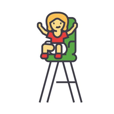 Çocuk koltuğu kavramında evlat. Satırı vektör simgesi. Düzenlenebilir inme. Düz doğrusal illüstrasyon izole beyaz arka plan üzerinde