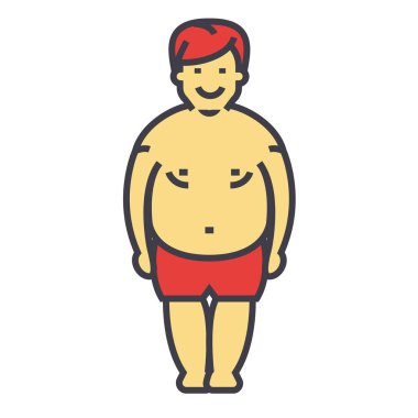 Diyet ve fitness kavramı önce şişman adam. Satırı vektör simgesi. Düzenlenebilir inme. Düz doğrusal illüstrasyon izole beyaz arka plan üzerinde