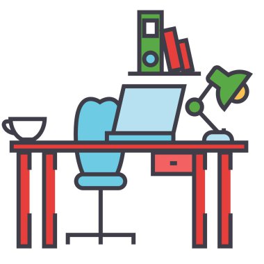 Ofis Büro, işyeri, çalışma alanı kavramı. Satırı vektör simgesi. Düzenlenebilir inme. Düz doğrusal illüstrasyon izole beyaz arka plan üzerinde