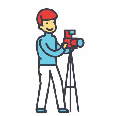 Kamera ve tripod, fotoğraf stüdyo konsepti ile fotoğrafçı. Satırı vektör simgesi. Düzenlenebilir inme. Düz doğrusal illüstrasyon izole beyaz arka plan üzerinde