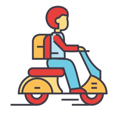 Seyahat scooter, Bisiklet, hipster binici, motosiklet, moped kavramı. Satırı vektör simgesi. Düzenlenebilir inme. Düz doğrusal illüstrasyon izole beyaz arka plan üzerinde