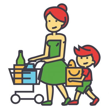 Bakkal, anne ile oğlu ve alışveriş sepeti, perakende konsept alışveriş. Satırı vektör simgesi. Düzenlenebilir inme. Düz doğrusal illüstrasyon izole beyaz arka plan üzerinde