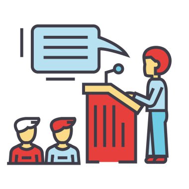 Hoparlör tanıtım, podyum, tribün stand, politikacı kavramı. Satırı vektör simgesi. Düzenlenebilir inme. Düz doğrusal illüstrasyon izole beyaz arka plan üzerinde