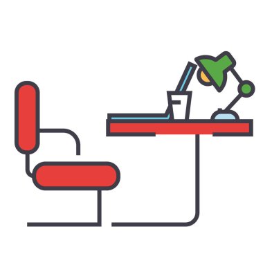 Tablo office sideview kavramı. Satırı vektör simgesi. Düzenlenebilir inme. Düz doğrusal illüstrasyon izole beyaz arka plan üzerinde