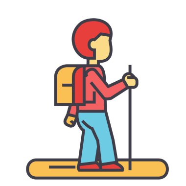 Tourister, gezgin, backpacker kavramı. Satırı vektör simgesi. Düzenlenebilir inme. Düz doğrusal illüstrasyon izole beyaz arka plan üzerinde