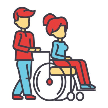 Genç adam tekerlekli sandalye, genç kadın kavramı engelli insanlar için Bakım Hemşireliği ile geziniyor. Satırı vektör simgesi. Düzenlenebilir inme. Düz doğrusal illüstrasyon izole beyaz arka plan üzerinde