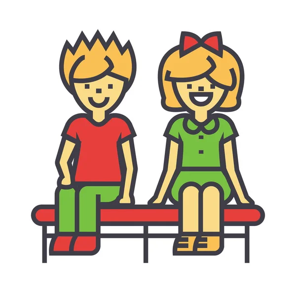 Enfants heureux assis sur le banc, garçon et fille, concept de jeune couple d'amour. Icône vectorielle ligne. Course modifiable. Illustration linéaire plane isolée sur fond blanc — Image vectorielle