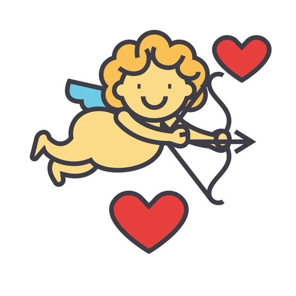 Ángel Cupido con arco, feliz día de San Valentín, concepto de amor. Icono de vector de línea. Un derrame cerebral. Ilustración lineal plana aislada sobre fondo blanco — Archivo Imágenes Vectoriales